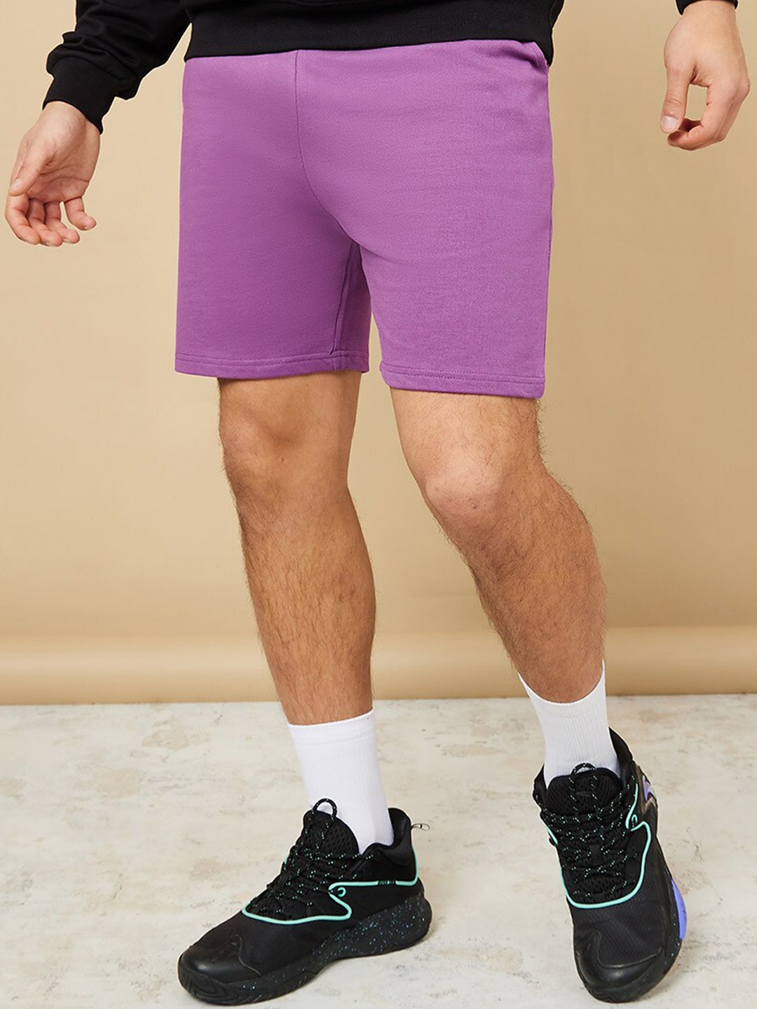 Styli Men Mid Rise Regular Fit Cotton Knit Terry Shorts, Purple