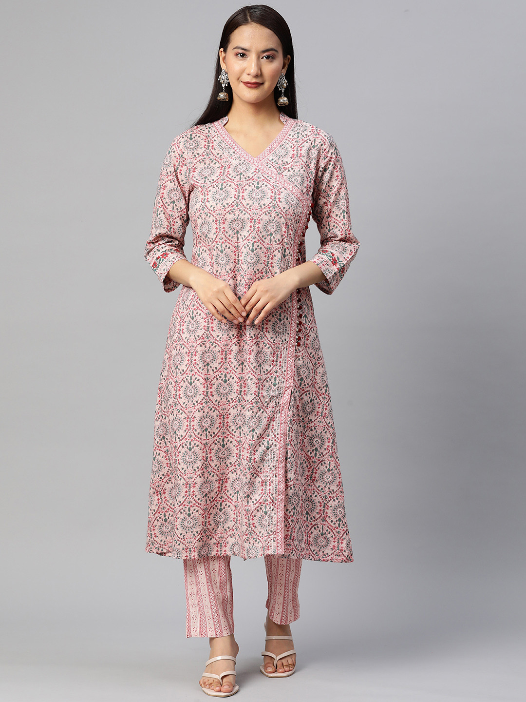 Readiprint Fashions Women Floral Printed Angrakha Kantha Work Pure Cotton Kurta Set, Pink
Readiprint Fashions Women Floral Printed Angrakha Kantha Work Pure Cotton Kurta Set, Pink