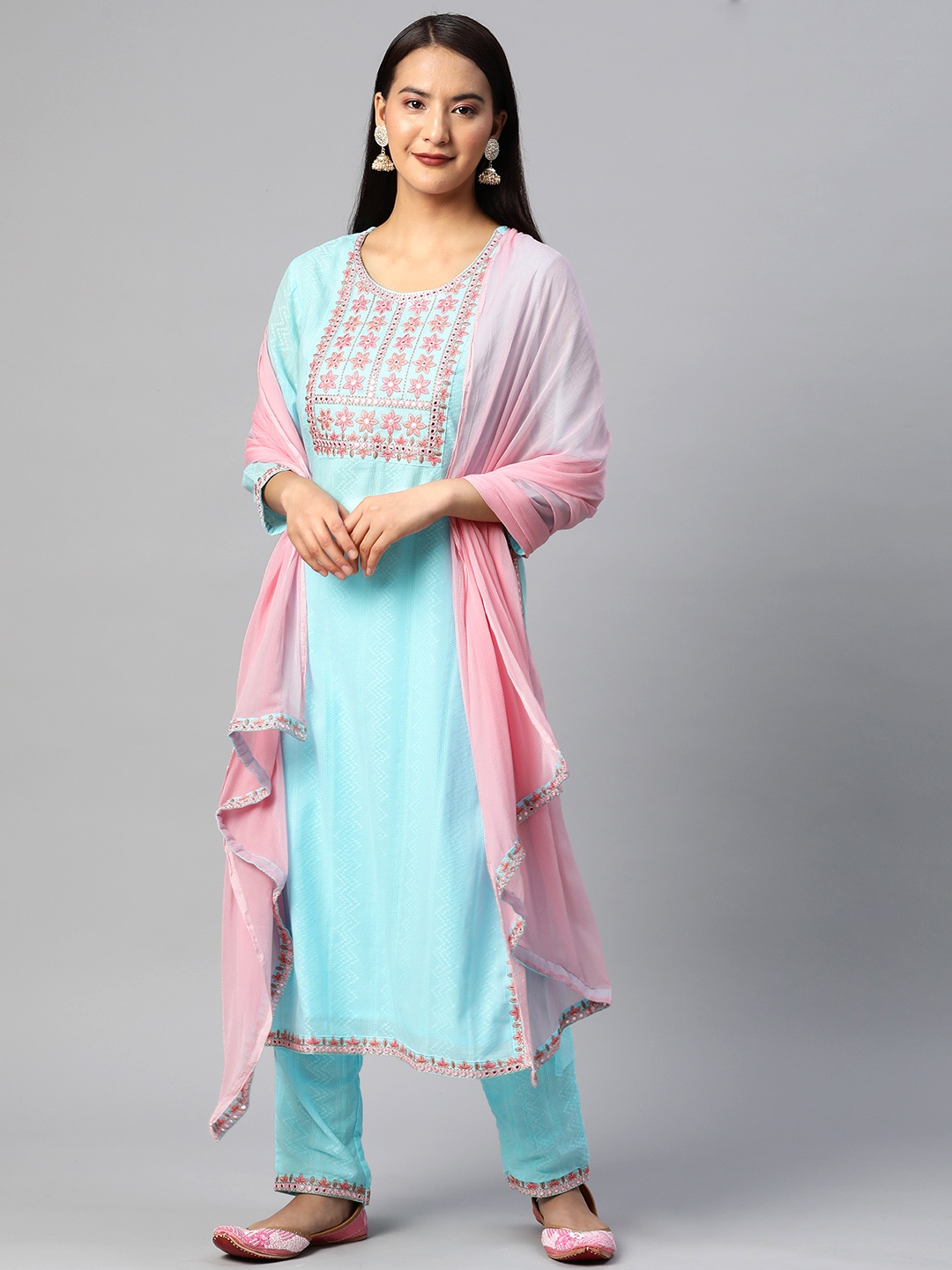 Readiprint Fashions Floral Printed Mirror Work Pure Cotton Kurta with Palazzos & Dupatta, Turquoise blue
Readiprint Fashions Floral Printed Mirror Work Pure Cotton Kurta with Palazzos & Dupatta, Turquoise blue