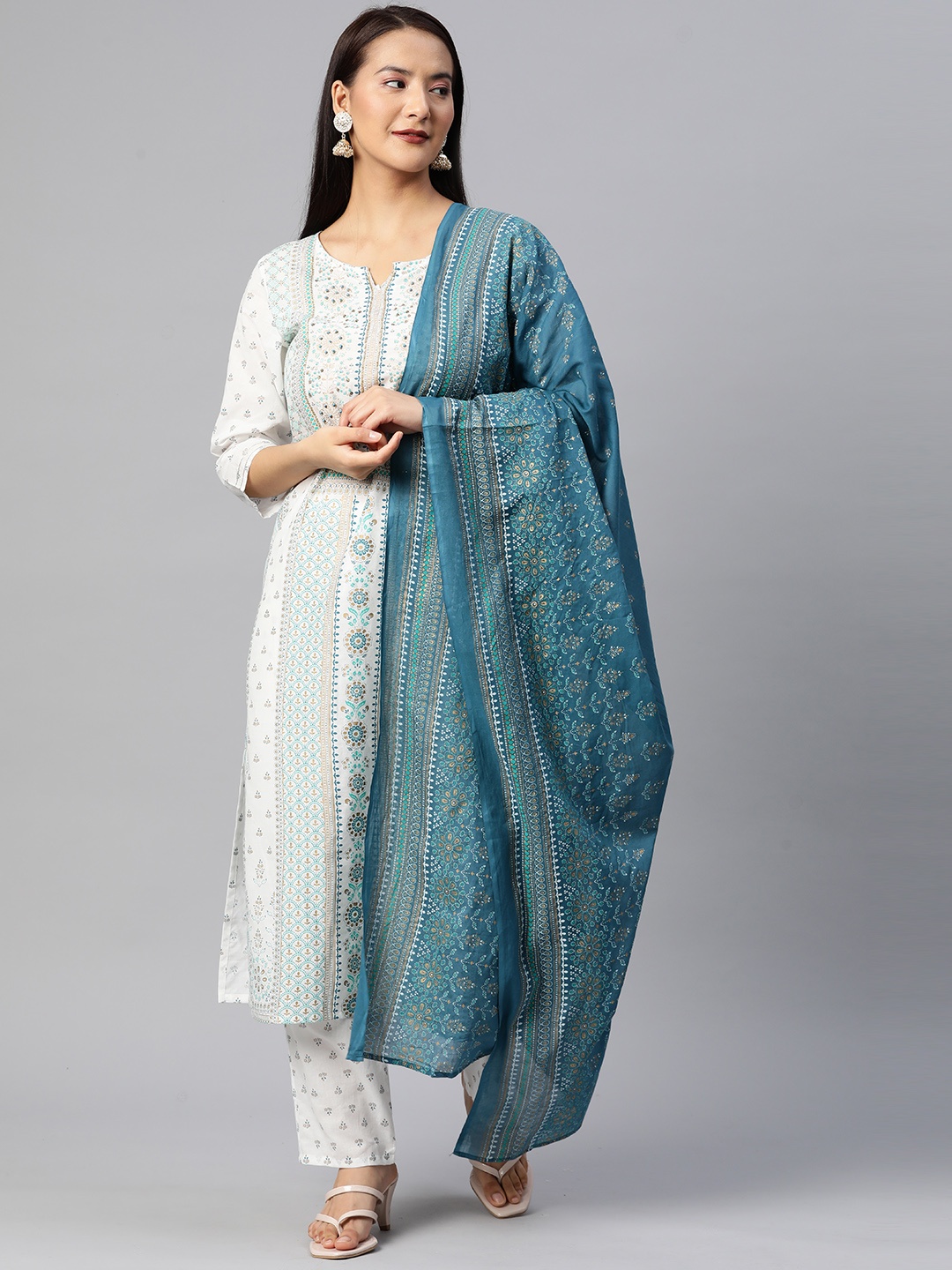 Readiprint Fashions Floral Printed Sequinned Pure Cotton Kurta with Palazzos & Dupatta, White
Readiprint Fashions Floral Printed Sequinned Pure Cotton Kurta with Palazzos & Dupatta, White
