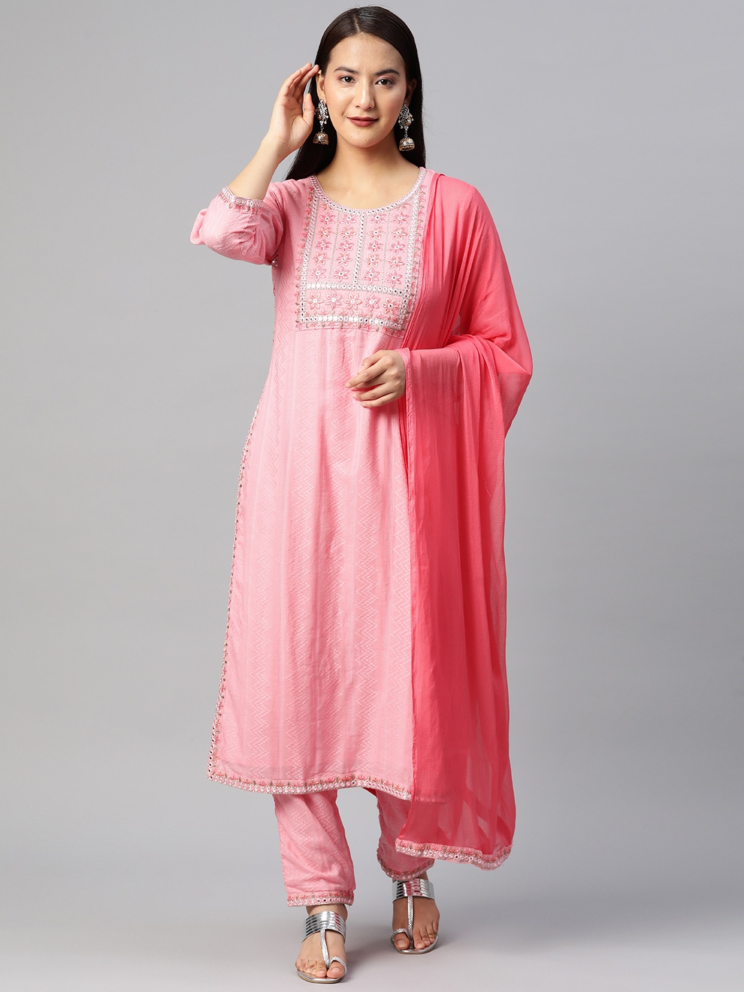 Readiprint Floral Yoke Design Mirror Work Cotton Kurta with Palazzos & Dupatta, Pink
Readiprint Floral Yoke Design Mirror Work Cotton Kurta with Palazzos & Dupatta, Pink