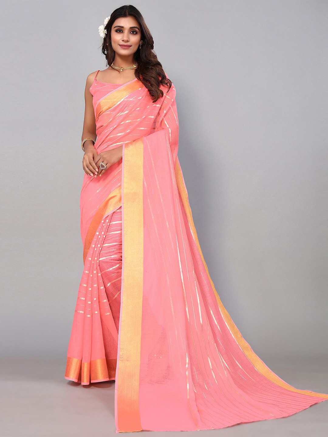 KALINI Striped Zari Saree, Pink