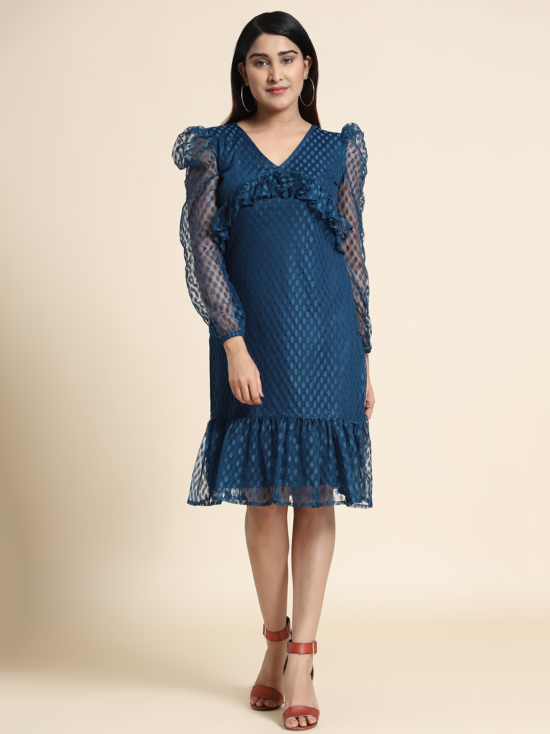 VAANI CREATION V Neck Puffed Sleeve A-Line Dress, Teal