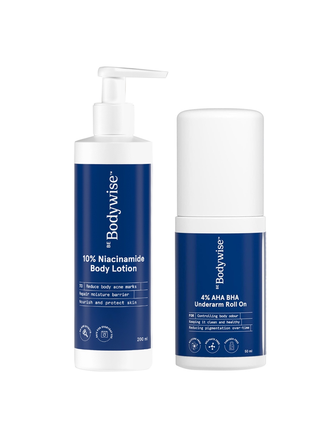 Be Bodywise 10% Niacinamide Body Lotion 200ml & Women 4% AHA BHA Underarm Roll On 50ml, Blue
Be Bodywise 10% Niacinamide Body Lotion 200ml & Women 4% AHA BHA Underarm Roll On 50ml, Blue