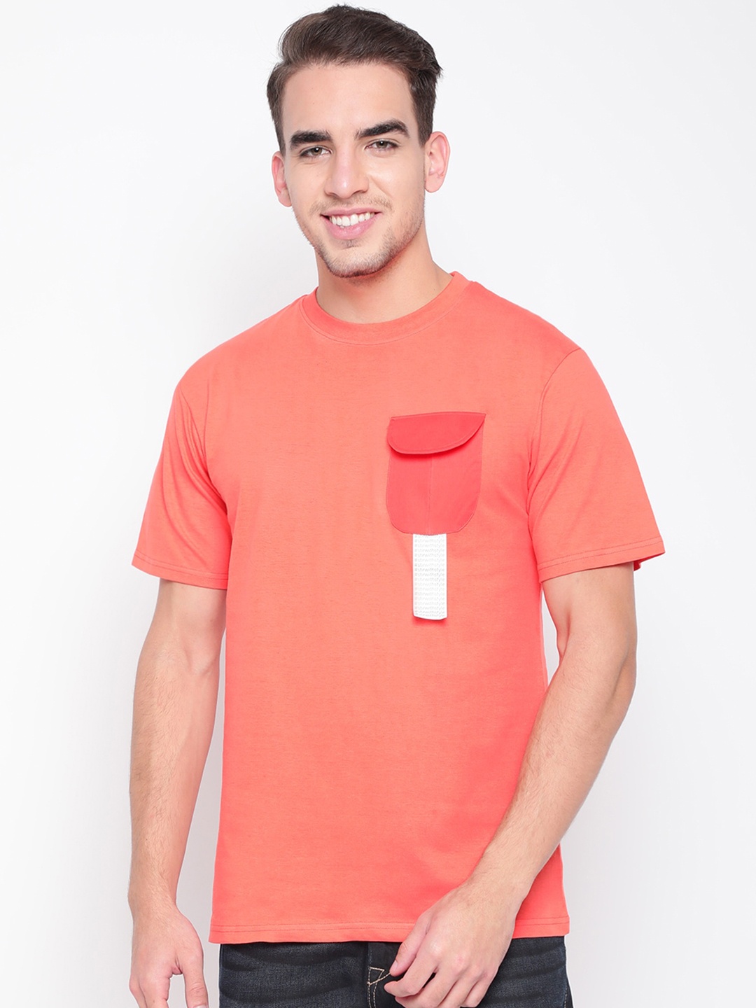 Belliskey Men Round Neck Cotton T-shirt, Coral