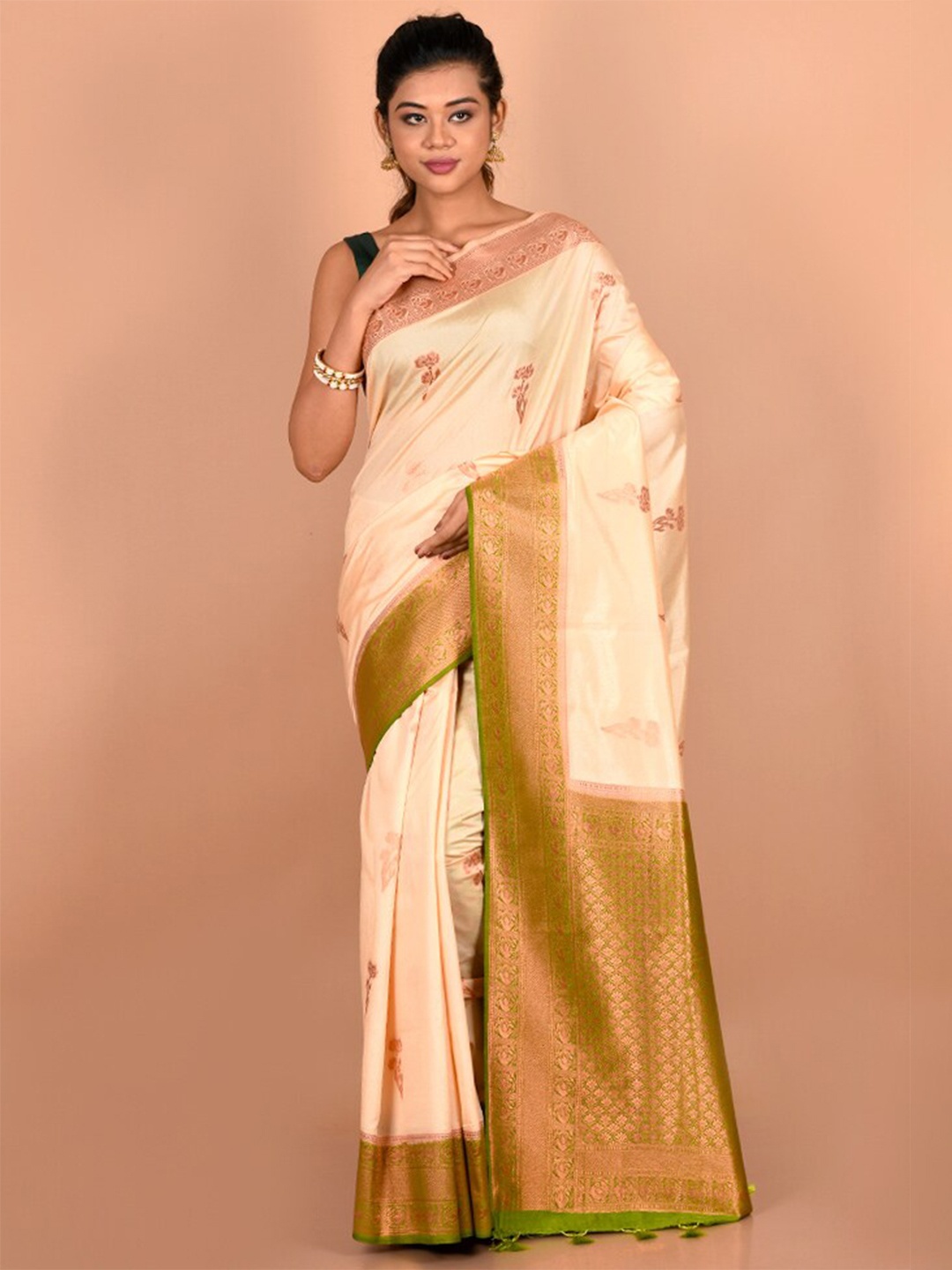 AllSilks Ethnic Motifs Zari Silk Blend Saree, Cream