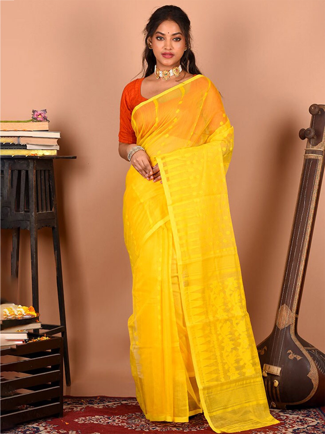 AllSilks Floral Woven Design Pure Cotton Taant Saree, Yellow
