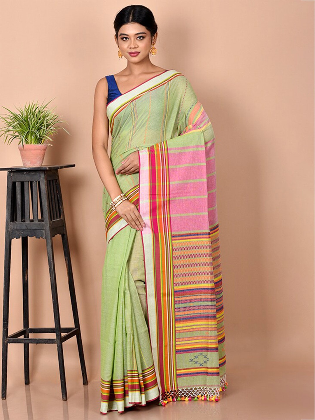 AllSilks Striped Matka Silk Saree, Green