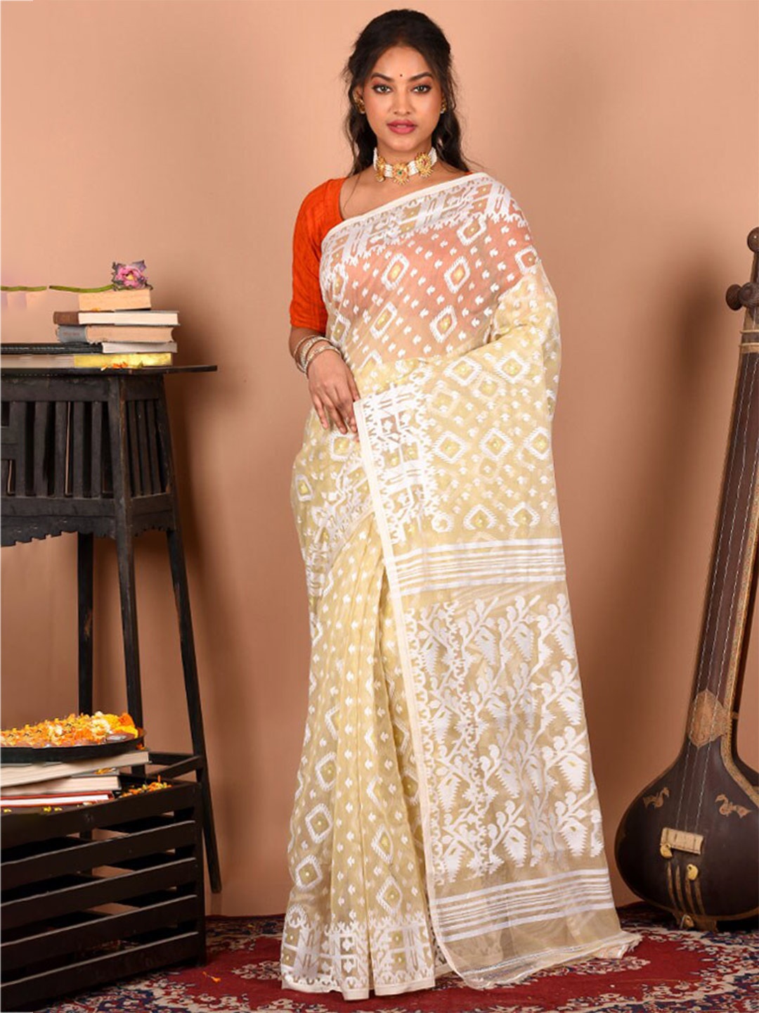 AllSilks Pure Cotton Taant Saree, Cream