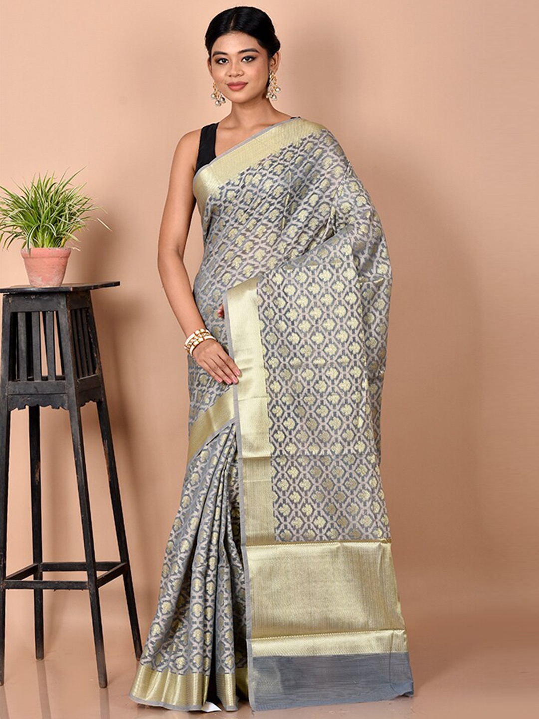AllSilks Grey & Gold-Toned Woven Design Zari Silk Blend Saree