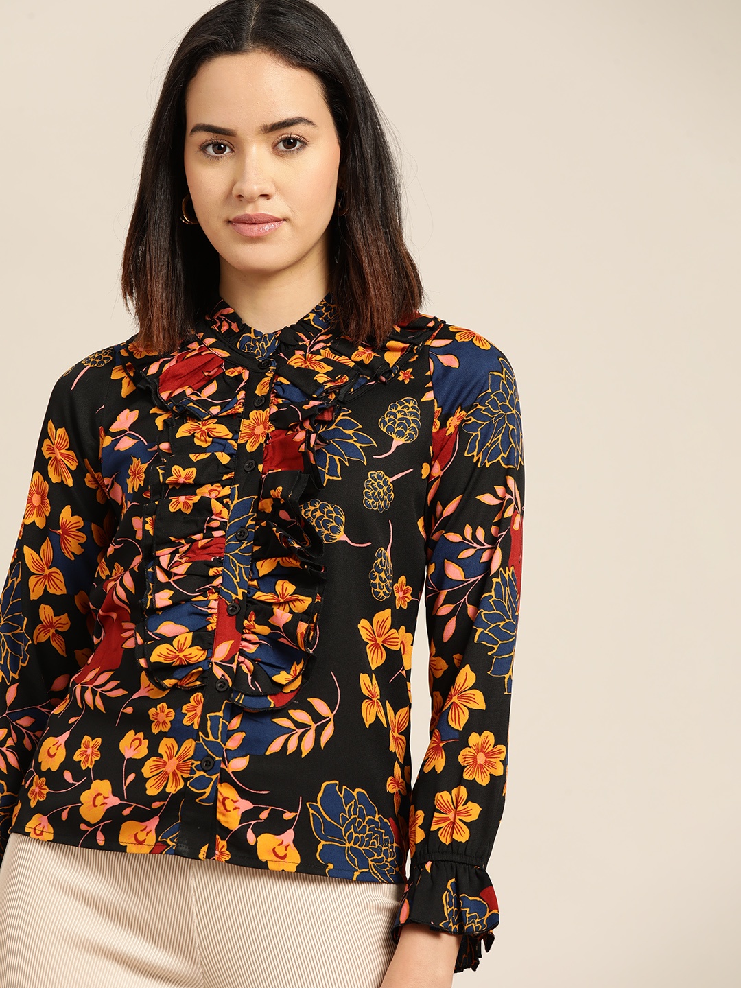 her by invictus Yellow Floral Print Mandarin Collar Bell Sleeve Ruffles Shirt Style Top, Black
her by invictus Yellow Floral Print Mandarin Collar Bell Sleeve Ruffles Shirt Style Top, Black