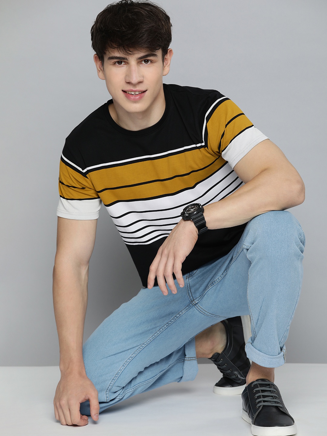 HERE&NOW Striped Pure Cotton T-shirt, Black