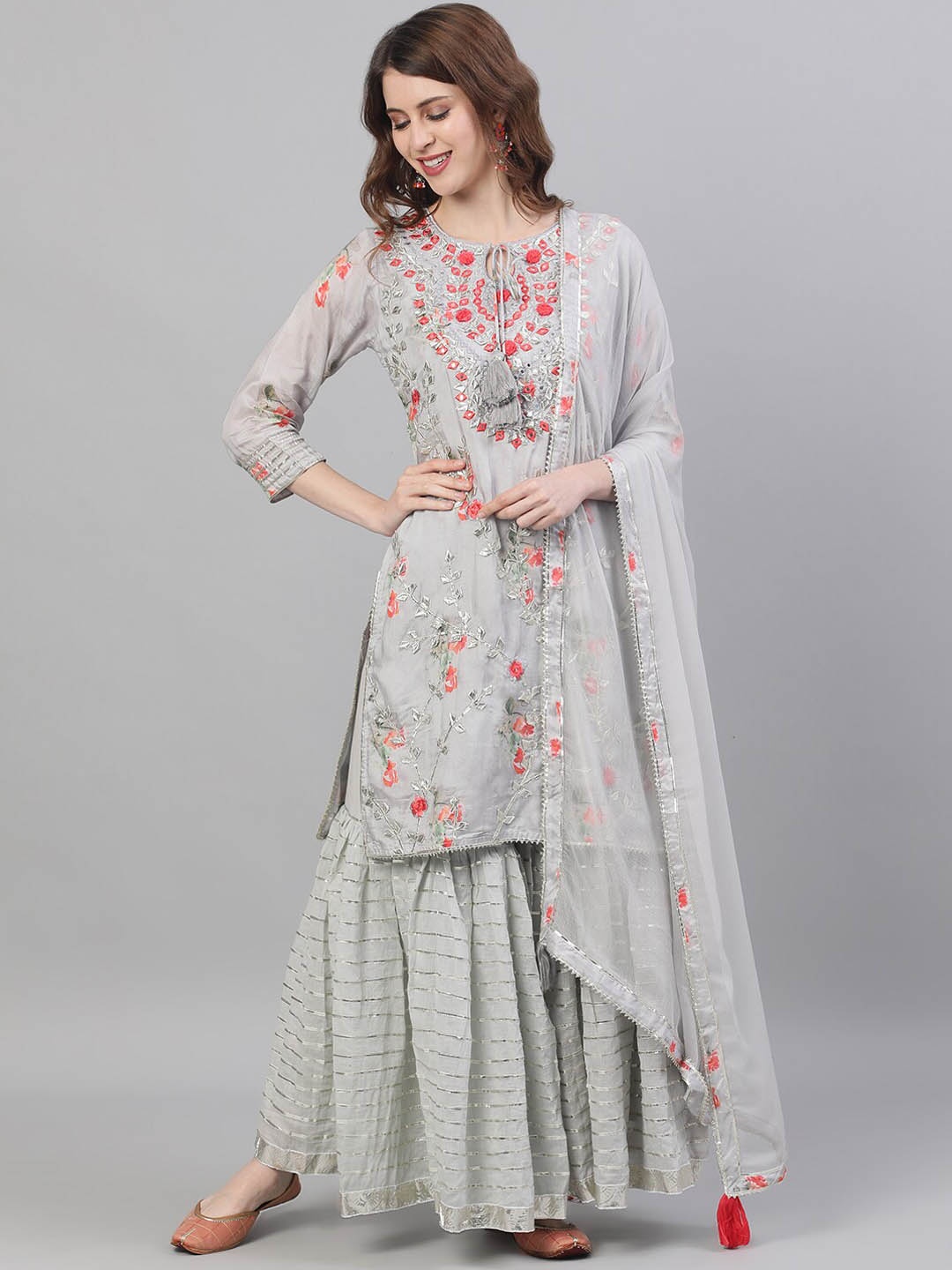 Ishin Floral Embroidered Mirror Work Pure Silk Kurta with Sharara & Dupatta, Grey
Ishin Floral Embroidered Mirror Work Pure Silk Kurta with Sharara & Dupatta, Grey