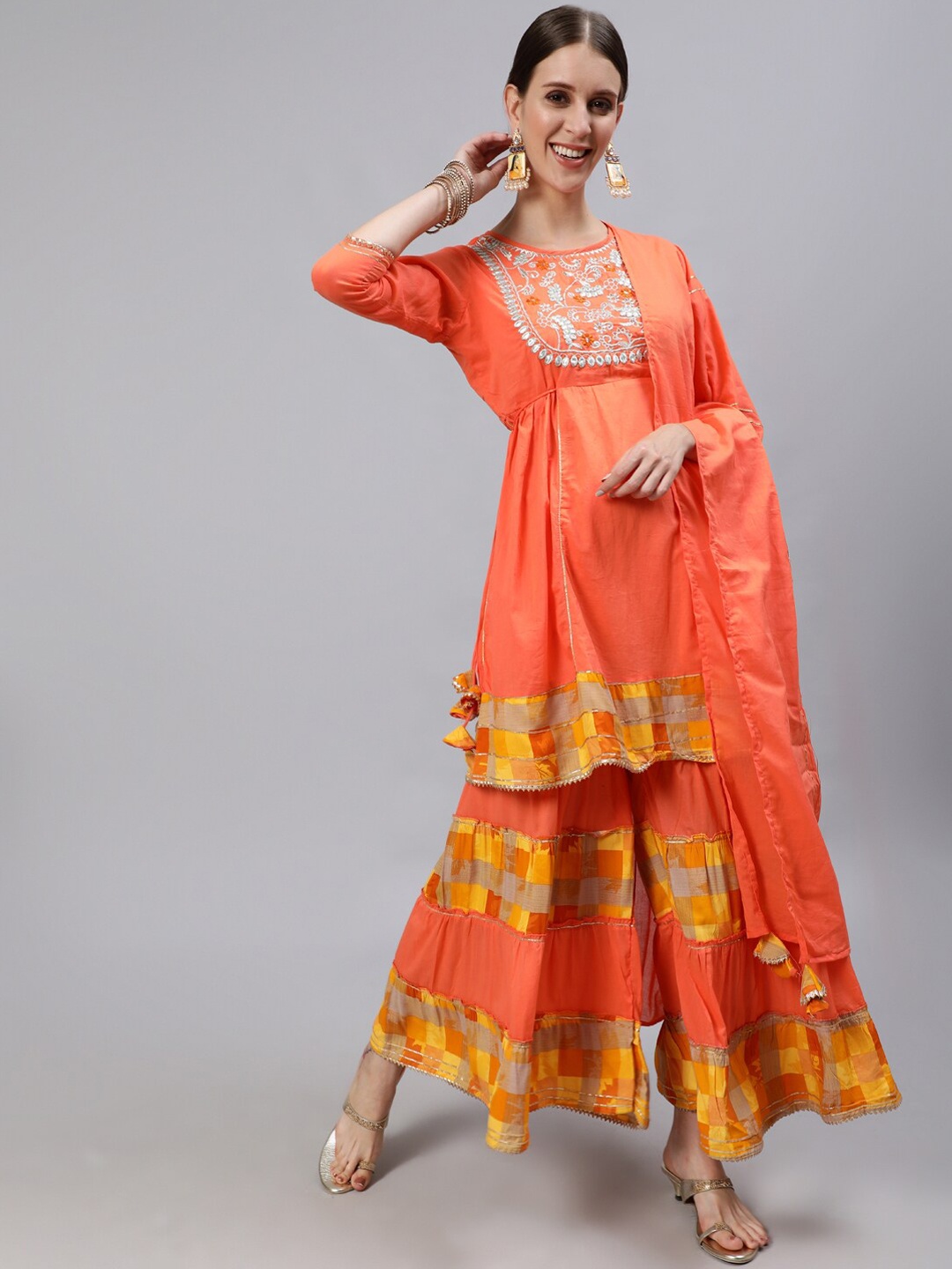Ishin Embroidered Empire Gotta Patti Pure Cotton Kurta with Sharara & Dupatta, Orange
Ishin Embroidered Empire Gotta Patti Pure Cotton Kurta with Sharara & Dupatta, Orange