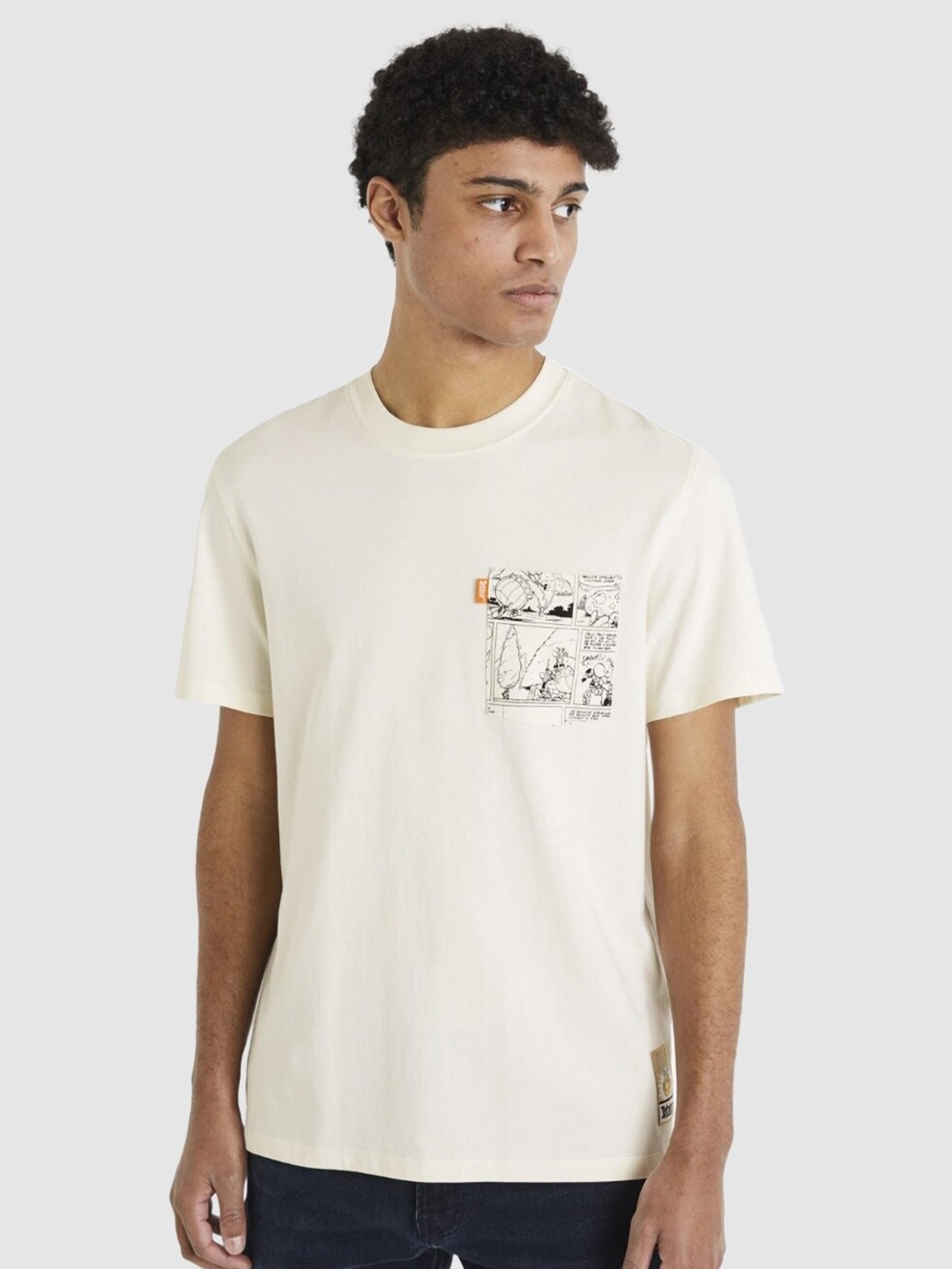 Celio Men Asterix Printed Round Neck Cotton T-shirt, Off white