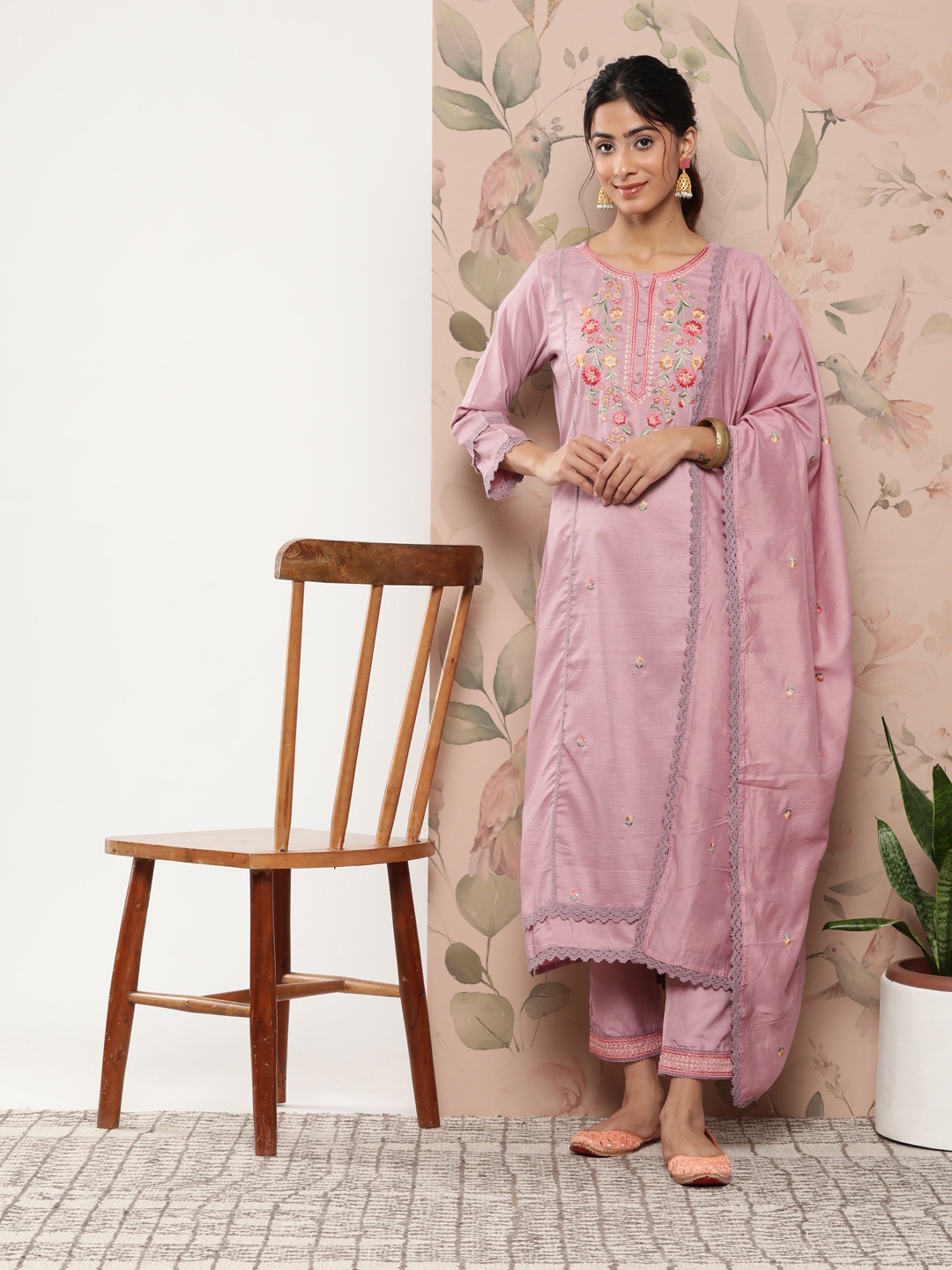 Janasya Women Floral Embroidered Thread Work Kurta with Trousers & Dupatta, Mauve
Janasya Women Floral Embroidered Thread Work Kurta with Trousers & Dupatta, Mauve