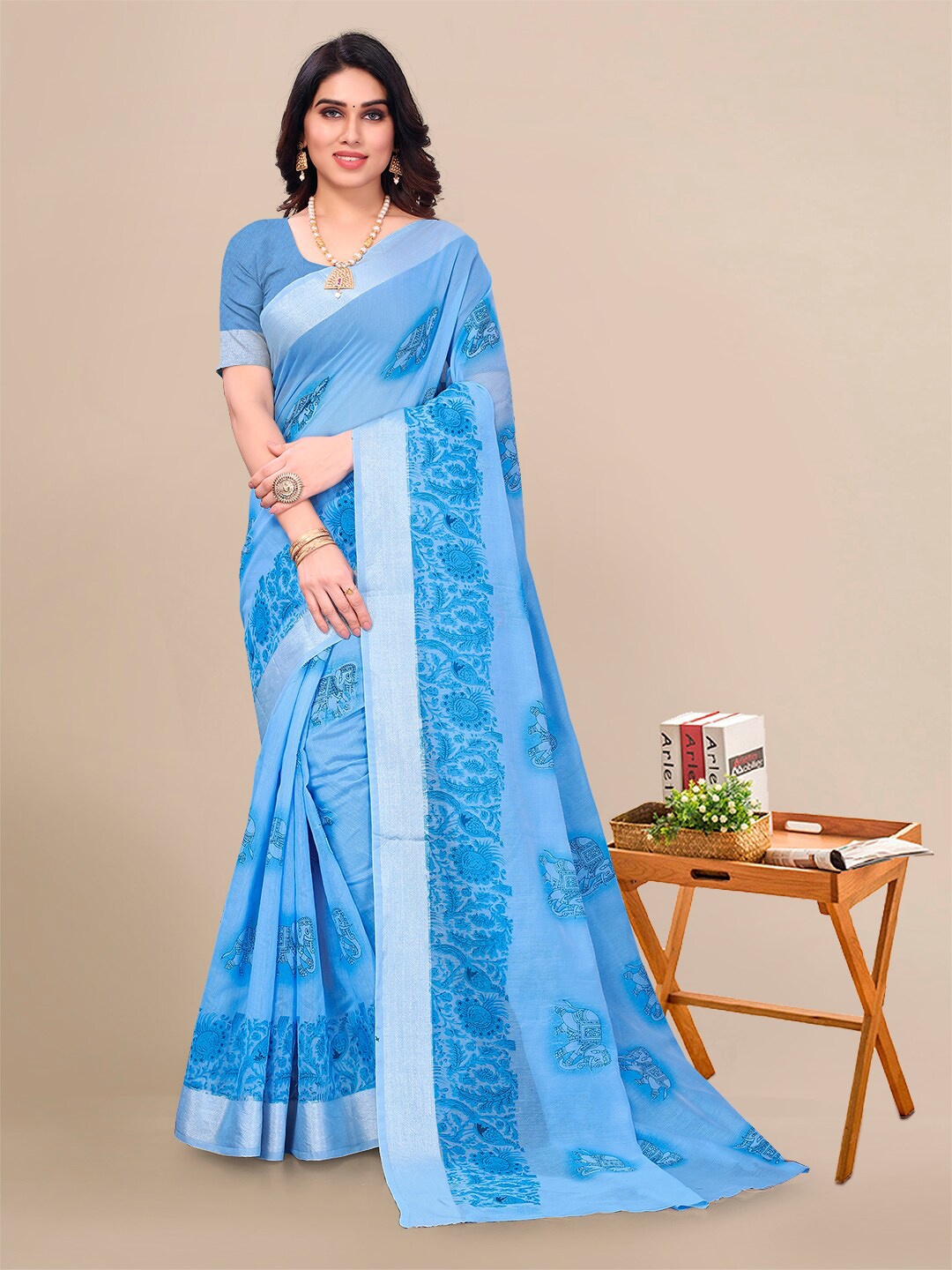 Sidhidata Floral Zari Pure Georgette Bandhani Saree, Turquoise blue