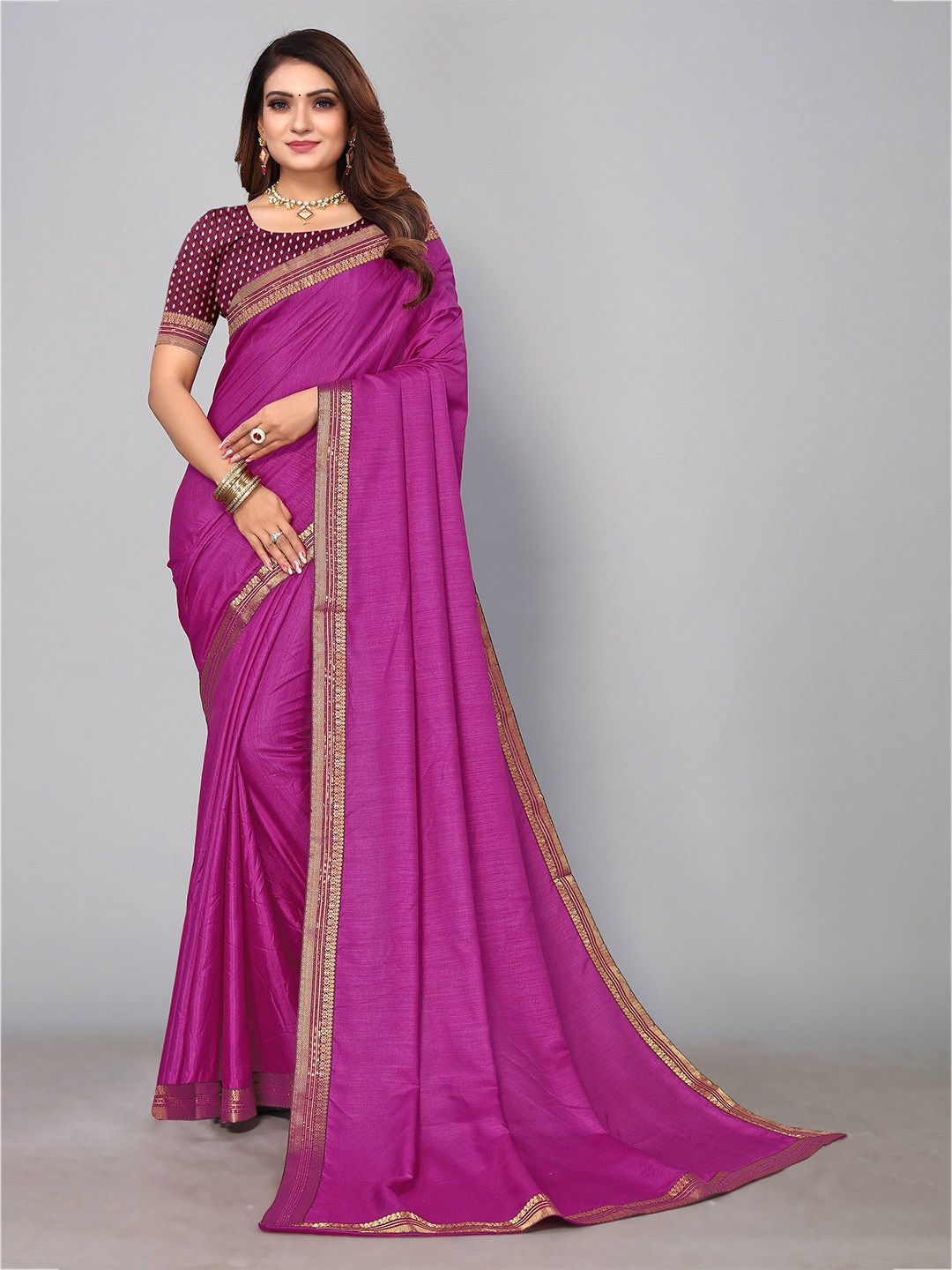 KALINI Woven Design Border Pure Silk Saree, Magenta