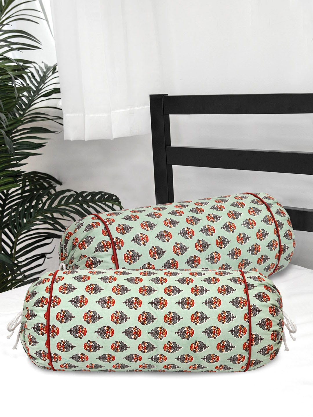 Clasiko Pista Green & Red 2 Pieces Floral Printed 220 TC Cotton Bolster Covers