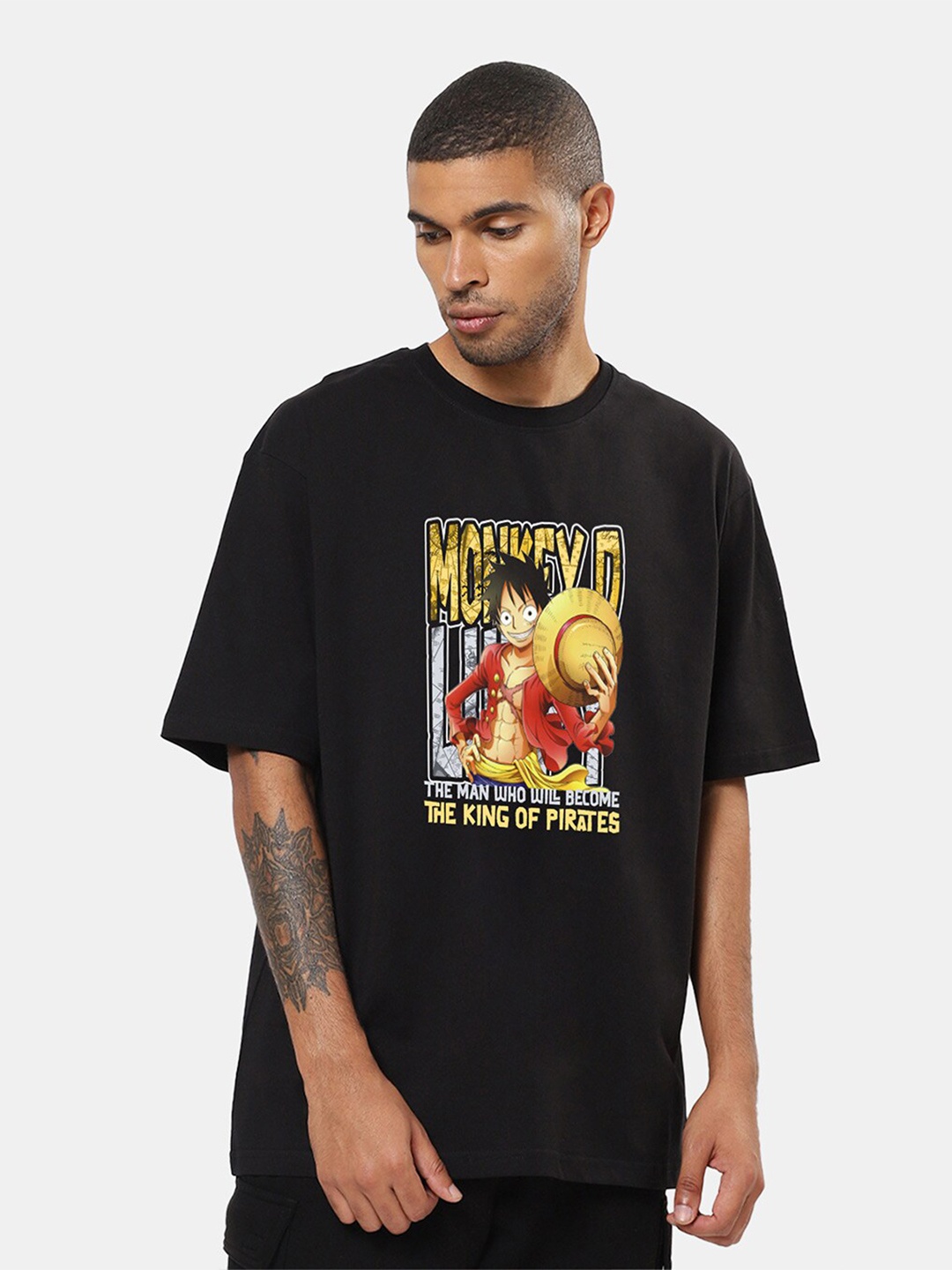 Mad Over Print Men Anime Monkey D Luffy Printed Oversized Cotton T-shirt, Black
