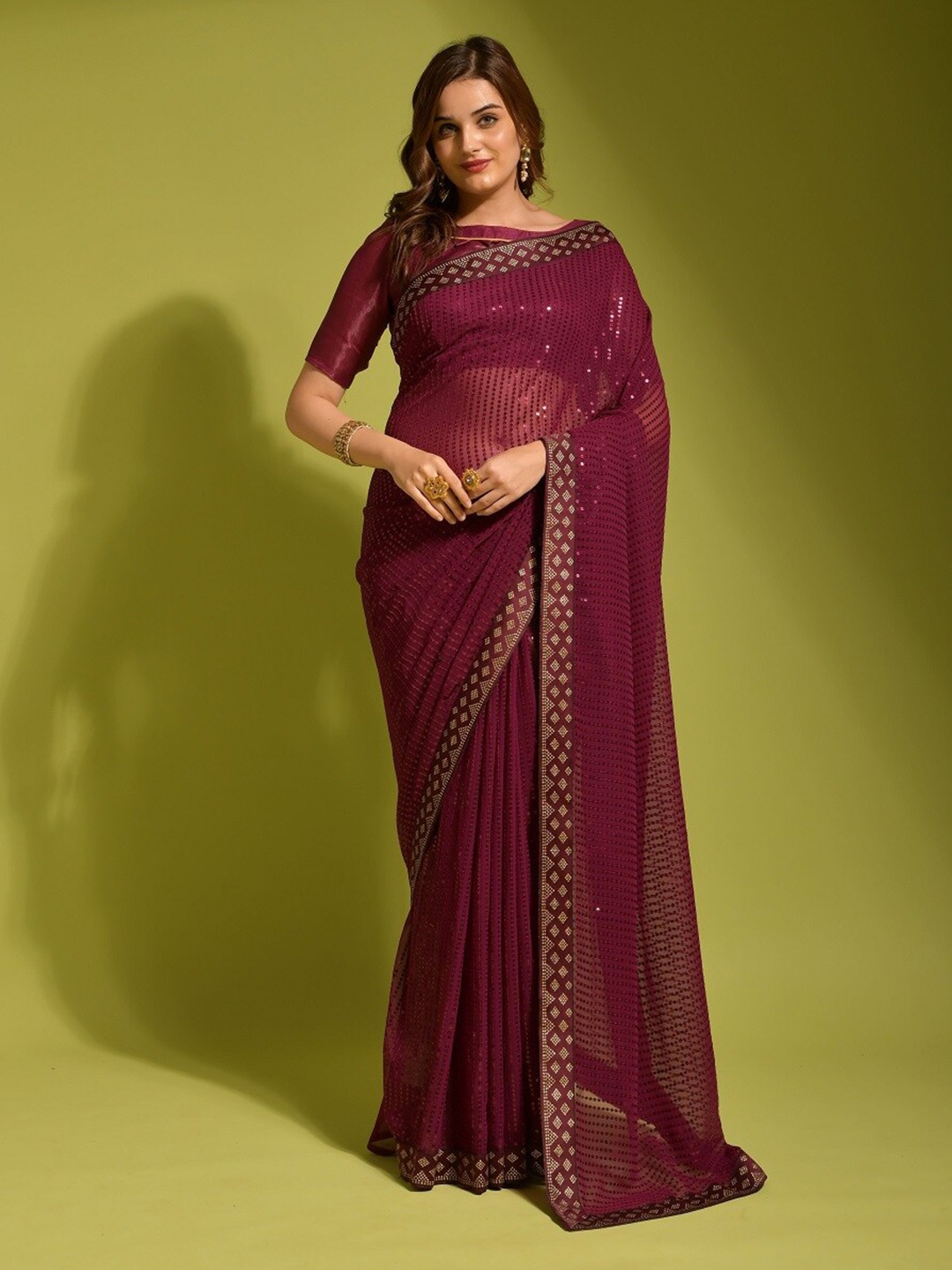 Mitera Striped Embellished Sequinned Saree, Maroon