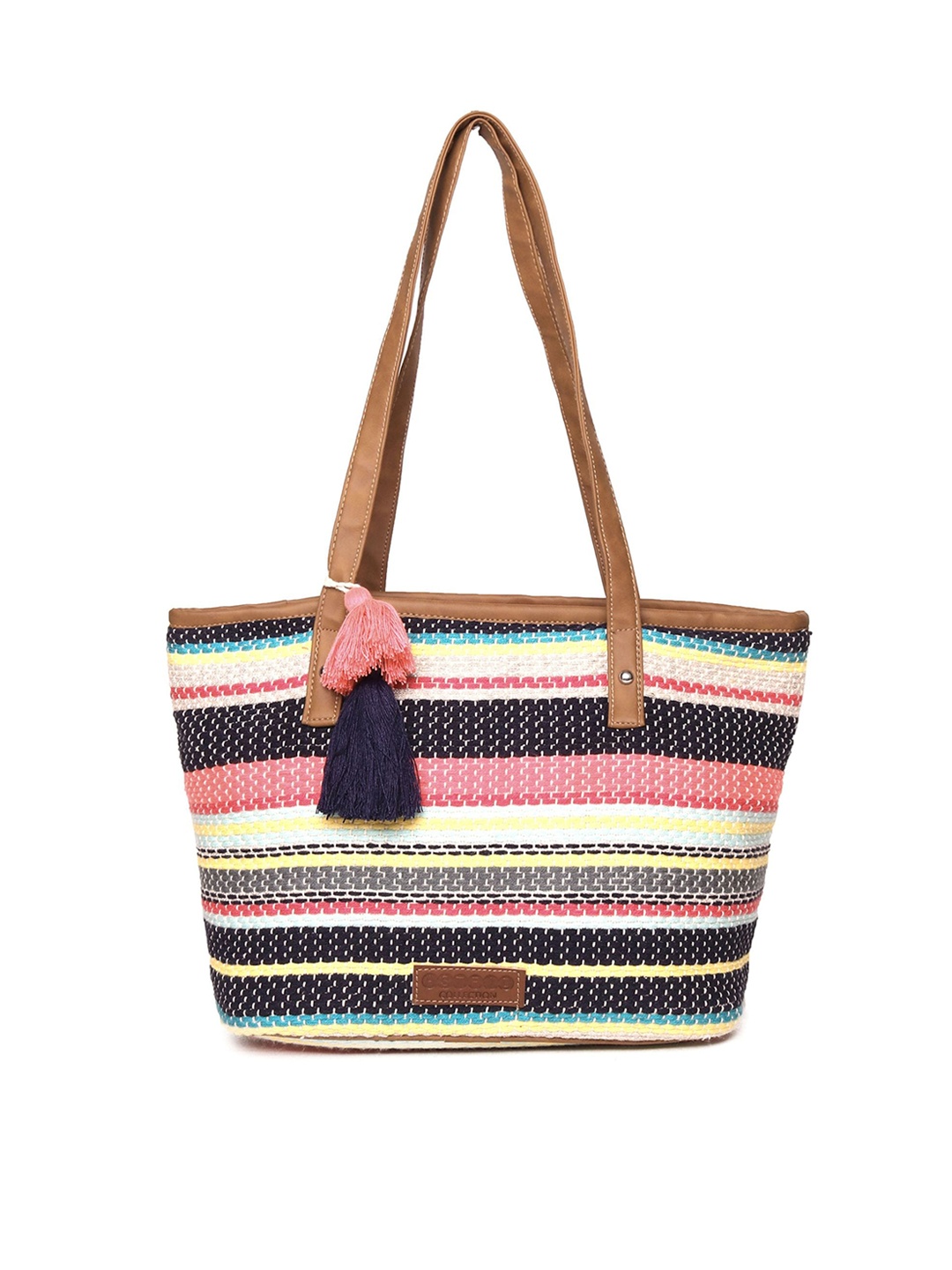 ASTRID Women Striped Shopper Shoulder Bag with Tasselled, Peach