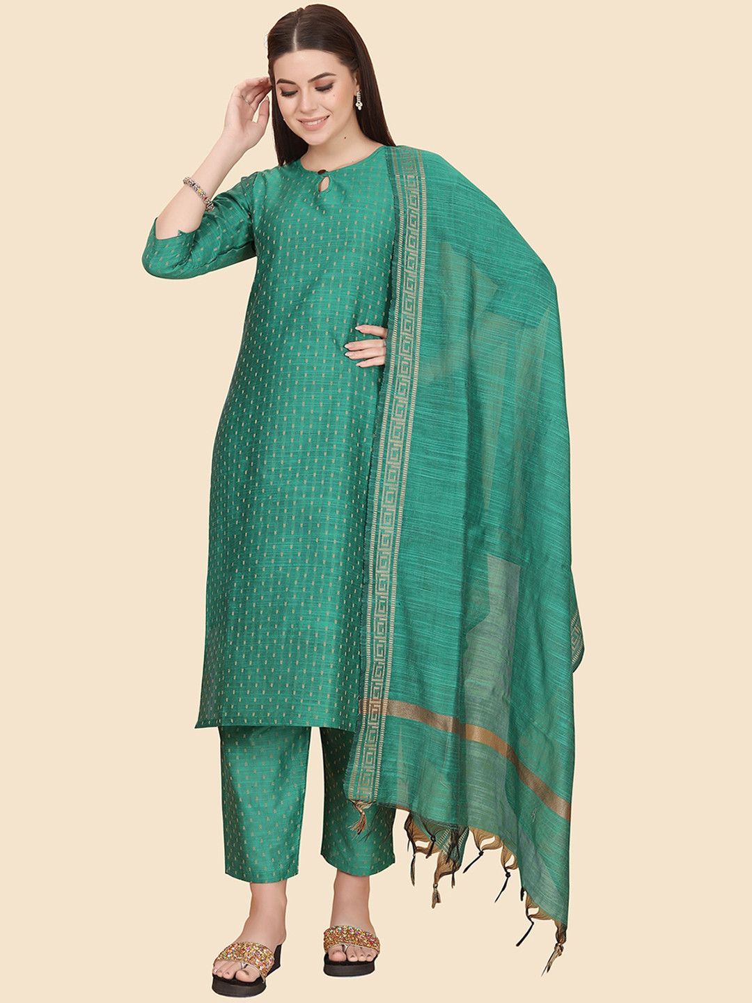 KALINI Women Woven Design Keyhole Neck Kurta with Trousers & Dupatta, Green
KALINI Women Woven Design Keyhole Neck Kurta with Trousers & Dupatta, Green
