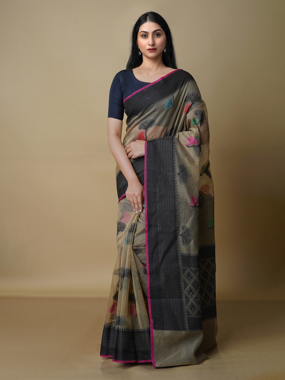 Unnati Silks Green & Black Woven Design Silk Blend Banarasi Saree