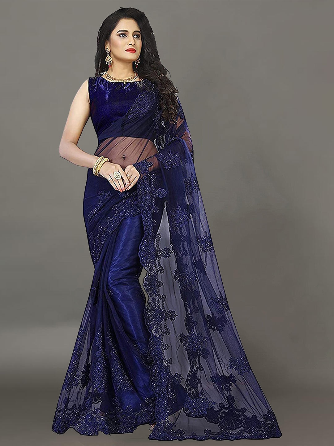 Ekta Textiles Navy Blue Floral Embroidered Net Saree