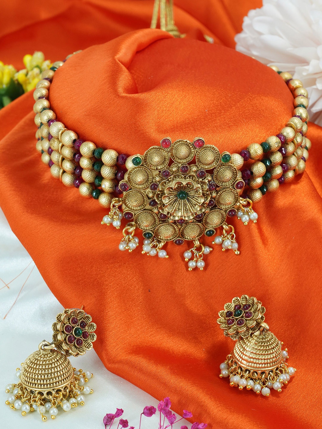 GRIIHAM Gold-Plated CZ Studded & Beaded Jewellery Set