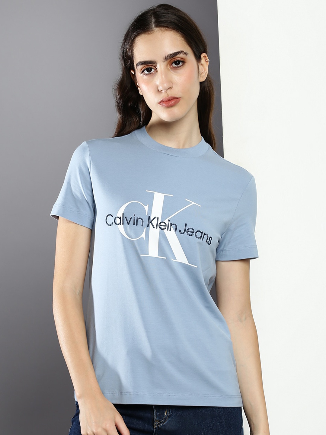Calvin Klein Jeans Women Round Neck Brand Logo Printed T-shirt, Blue