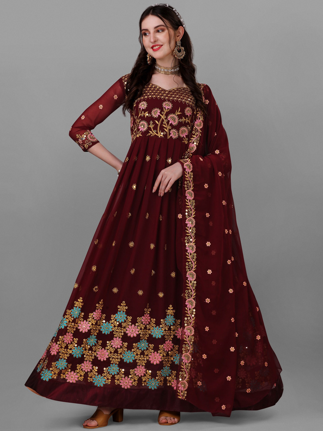 Angroop Women Floral Embroidred Mirror Work Georgette Anarkali Kurta With Dupatta, Maroon
Angroop Women Floral Embroidred Mirror Work Georgette Anarkali Kurta With Dupatta, Maroon