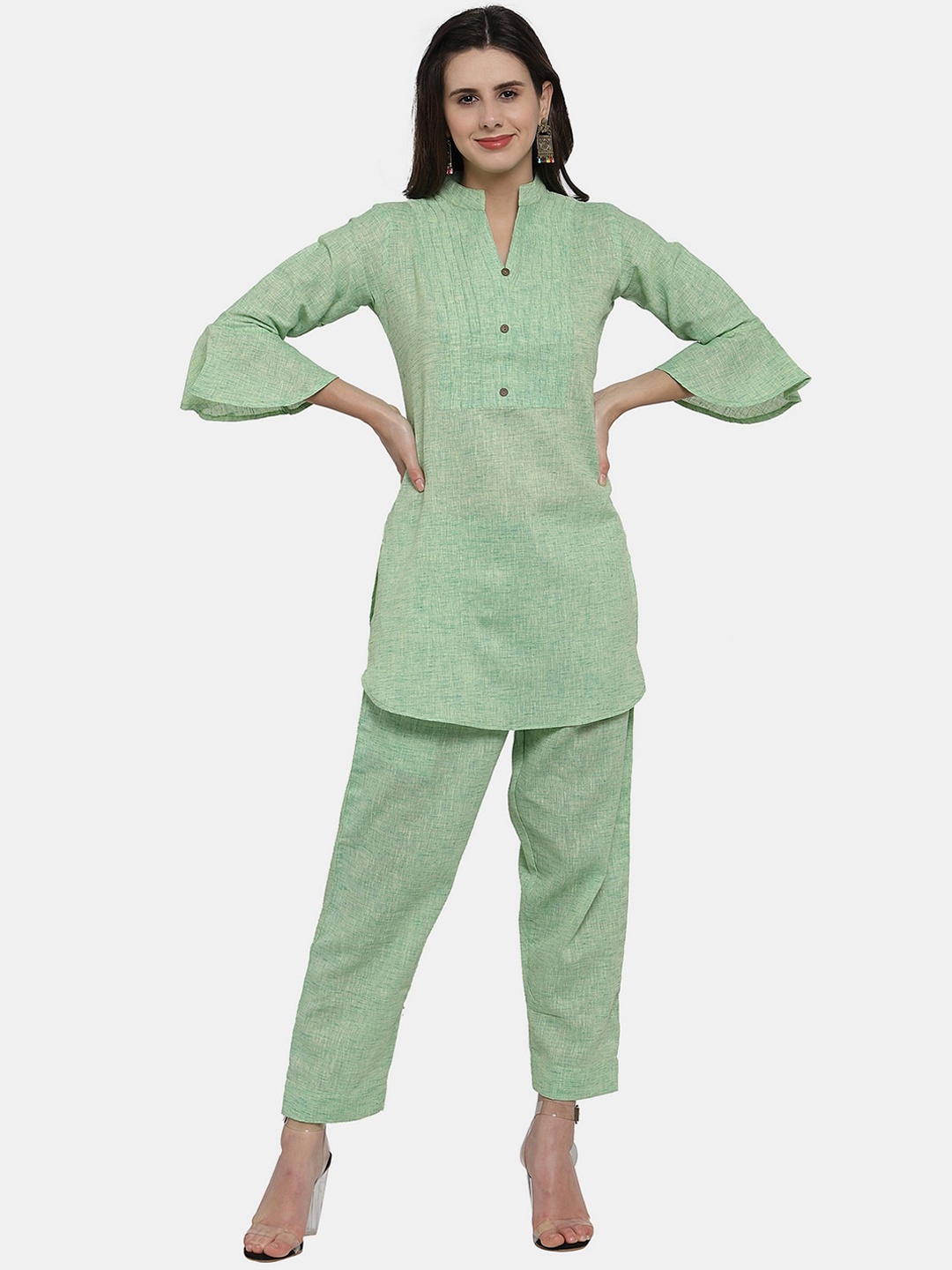 Enchanted Drapes Women Mandarin Collar Curved Pure Cotton Kurti with Trousers, Green
Enchanted Drapes Women Mandarin Collar Curved Pure Cotton Kurti with Trousers, Green