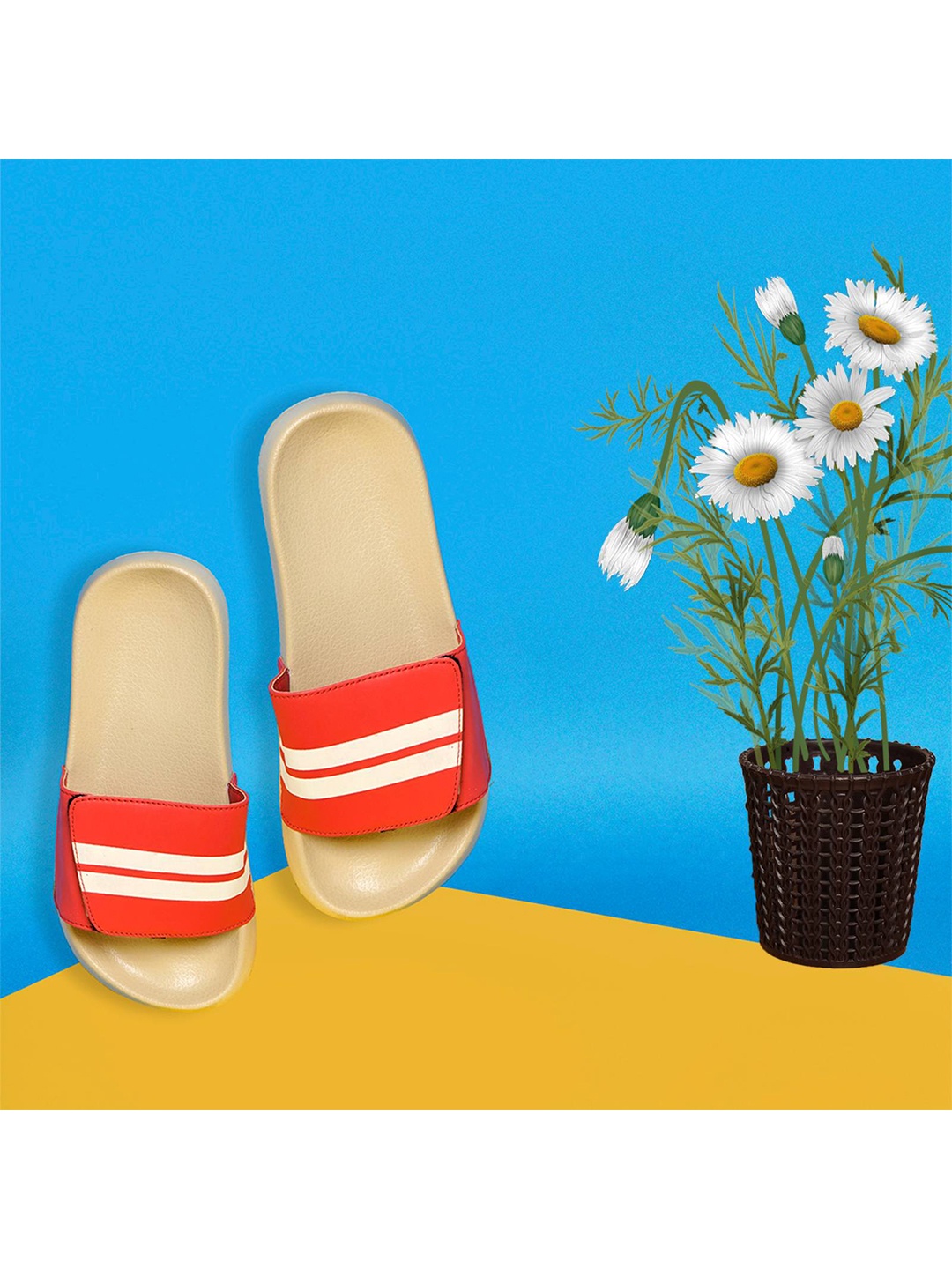 PERY PAO Men Striped Sliders, Red