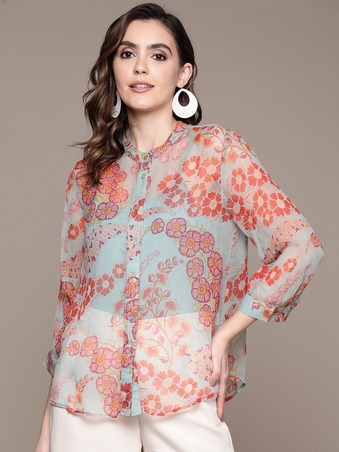 Label Ritu Kumar Floral Print Mandarin Collar Chiffon Shirt Style Top with Inner, Blue
Label Ritu Kumar Floral Print Mandarin Collar Chiffon Shirt Style Top with Inner, Blue