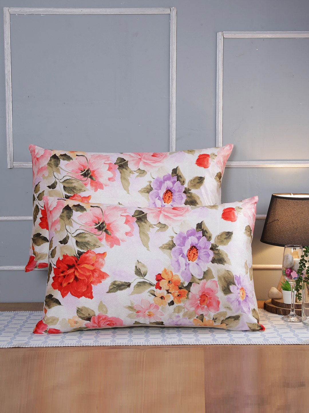 ROMEE Cream-Coloured & Red 2 Pieces Floral Printed Pillow Covers