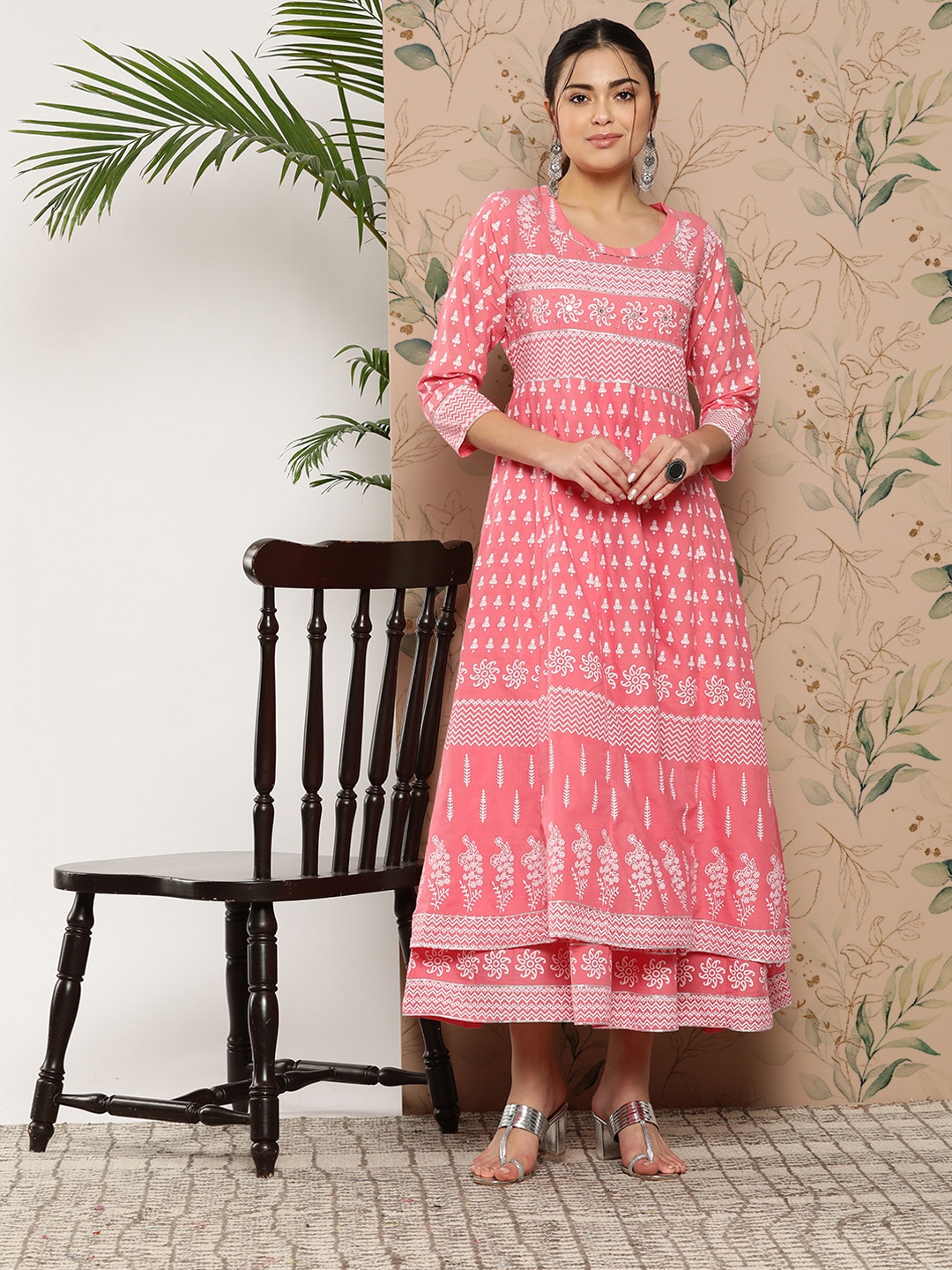 KALINI Ethnic Motifs Printed Layered Gown Dress, Peach