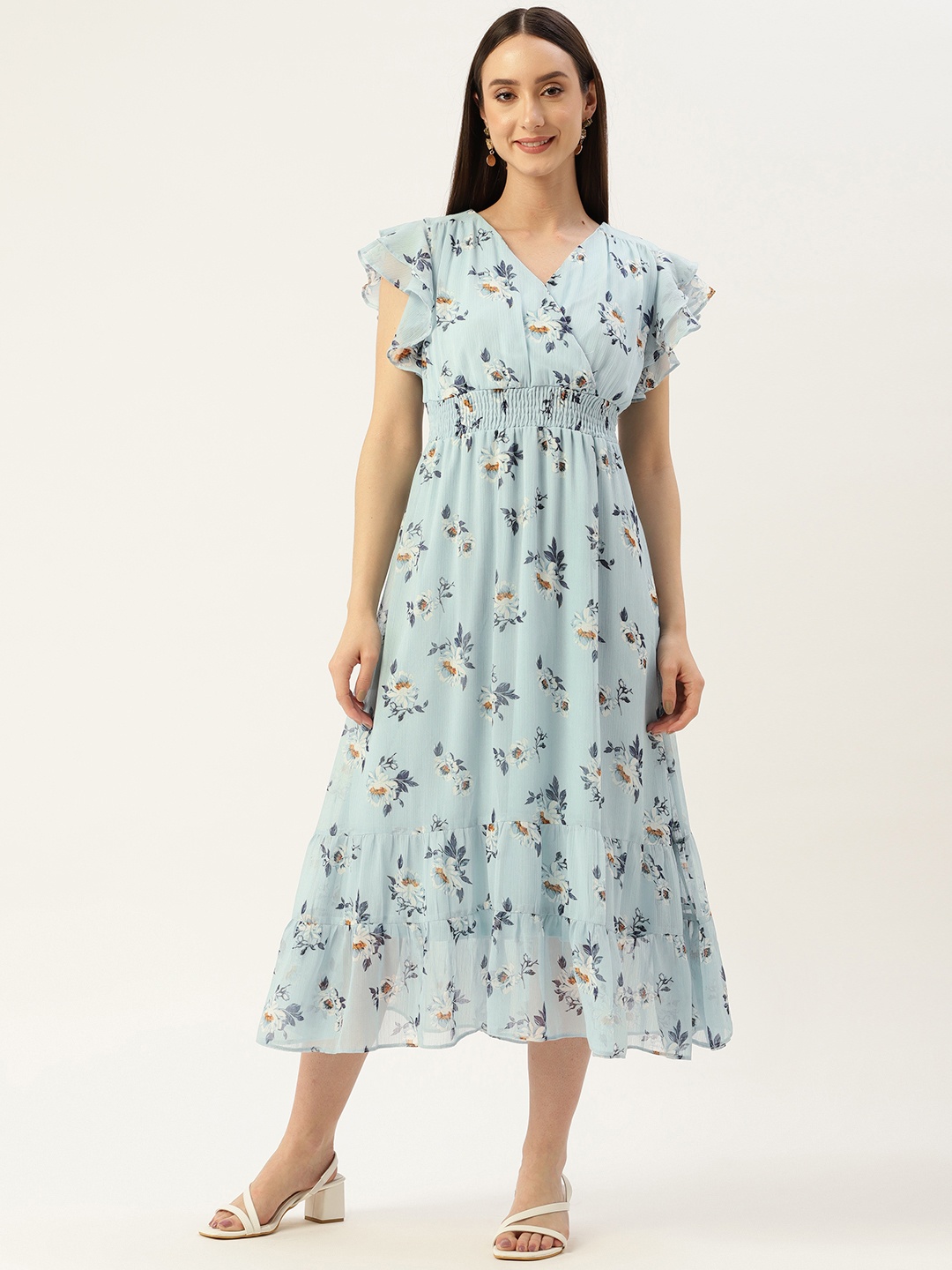 Madame Floral Print Wrap Midi Dress, Blue