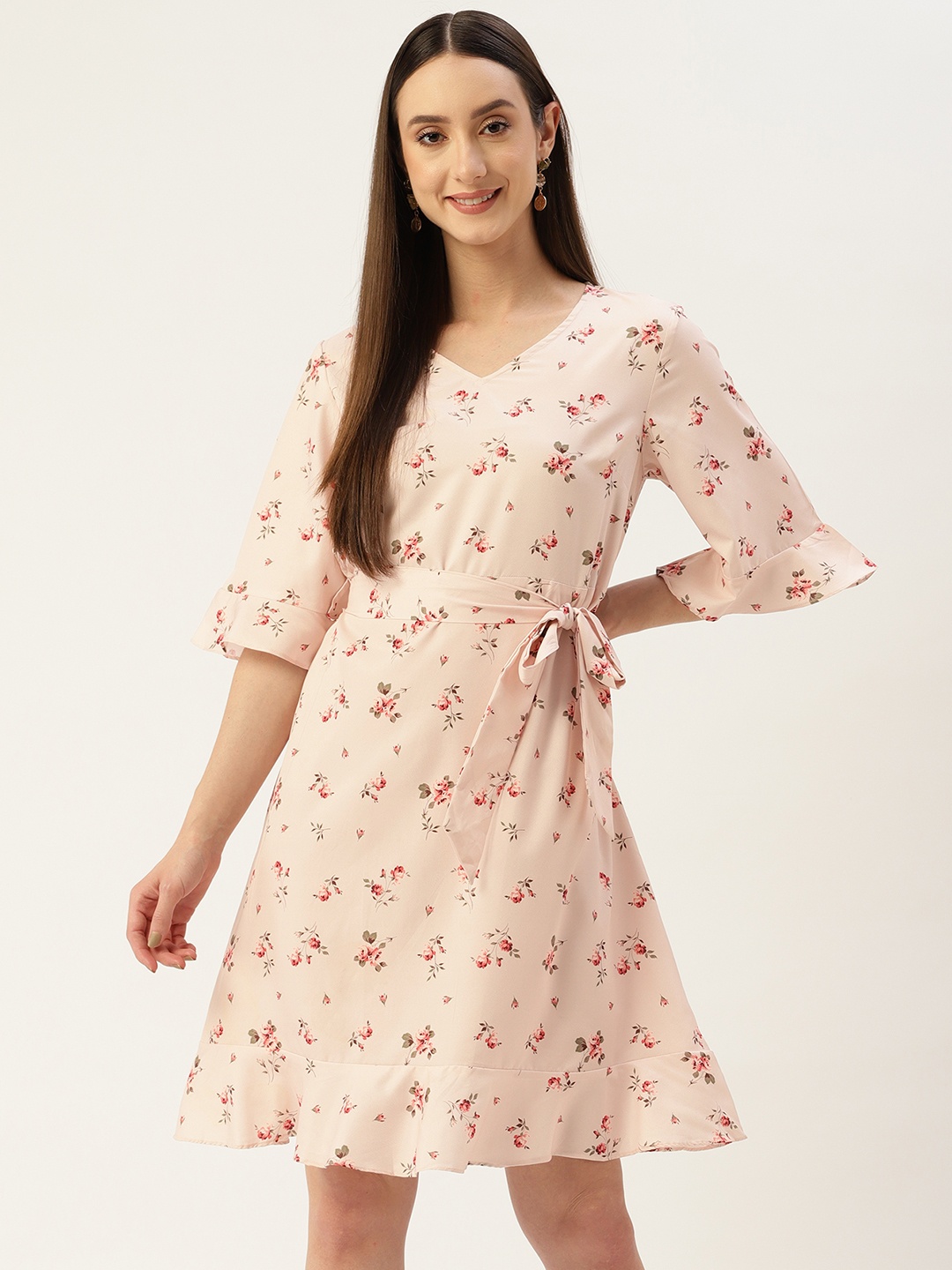 Madame Floral Print A-Line Dress with Belt, Peach