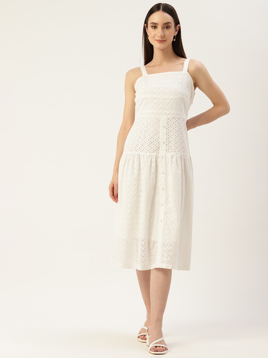 Madame Schiffli Embroidered Off-Shoulder A-Line Midi Dress, White