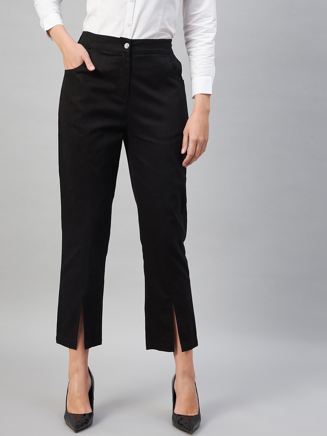 Orchid Blues Women Tapered Fit High-Rise Easy Wash Pure Cotton Trousers, Black
Orchid Blues Women Tapered Fit High-Rise Easy Wash Pure Cotton Trousers, Black