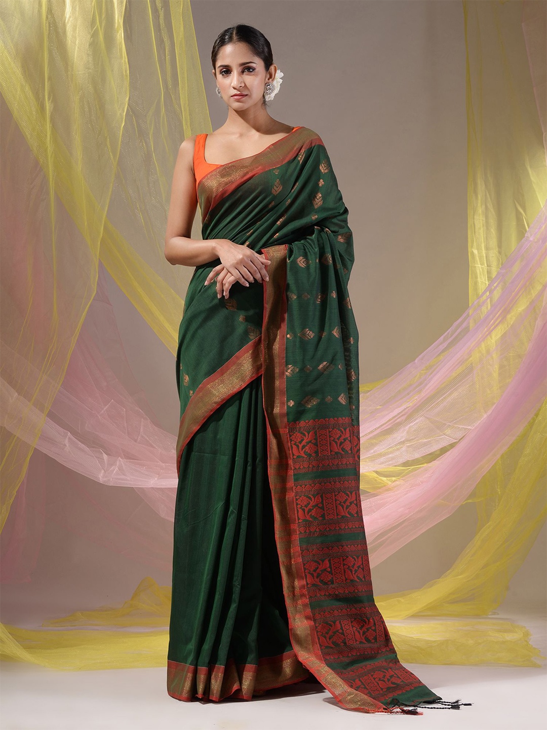Charukriti Woven Design Zari Saree, Green