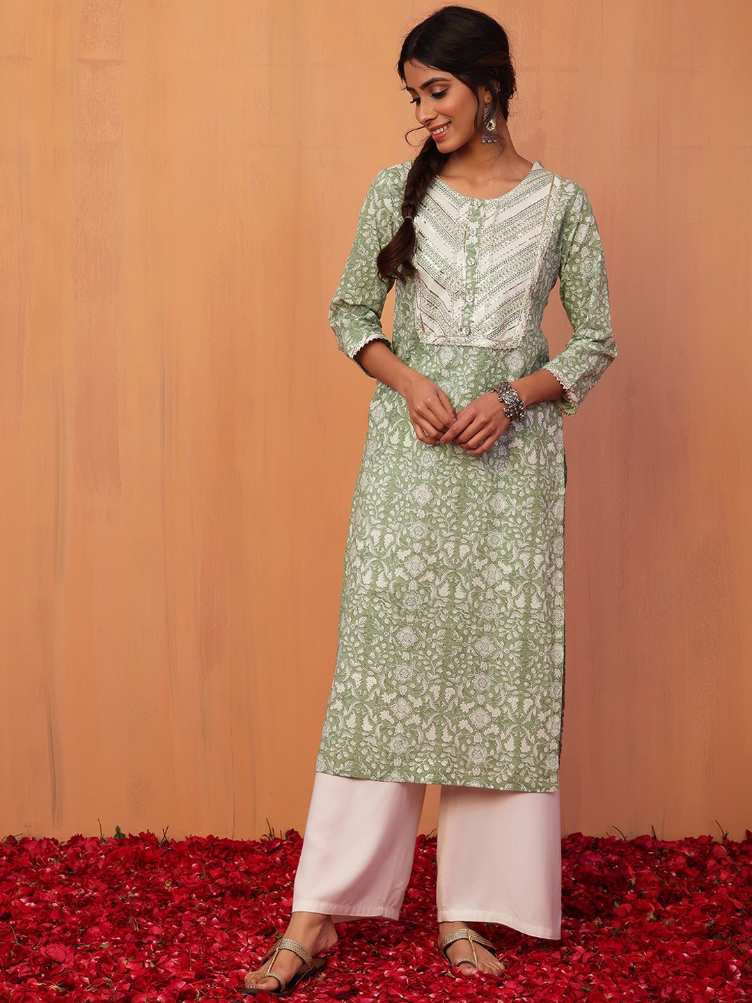 INDYA Women Floral Jaal Printed With Gota Detail Pure Cotton Straight Kurta, Green
INDYA Women Floral Jaal Printed With Gota Detail Pure Cotton Straight Kurta, Green