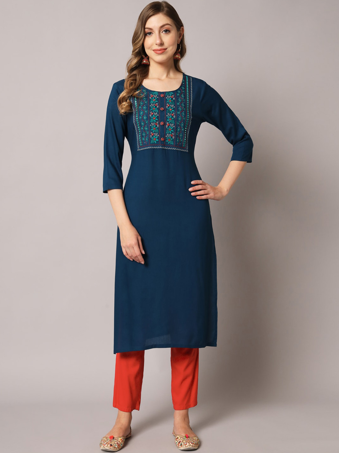 PREKSHA Women Embroidered Kurta, Blue 
PREKSHA Women Embroidered Kurta, Blue