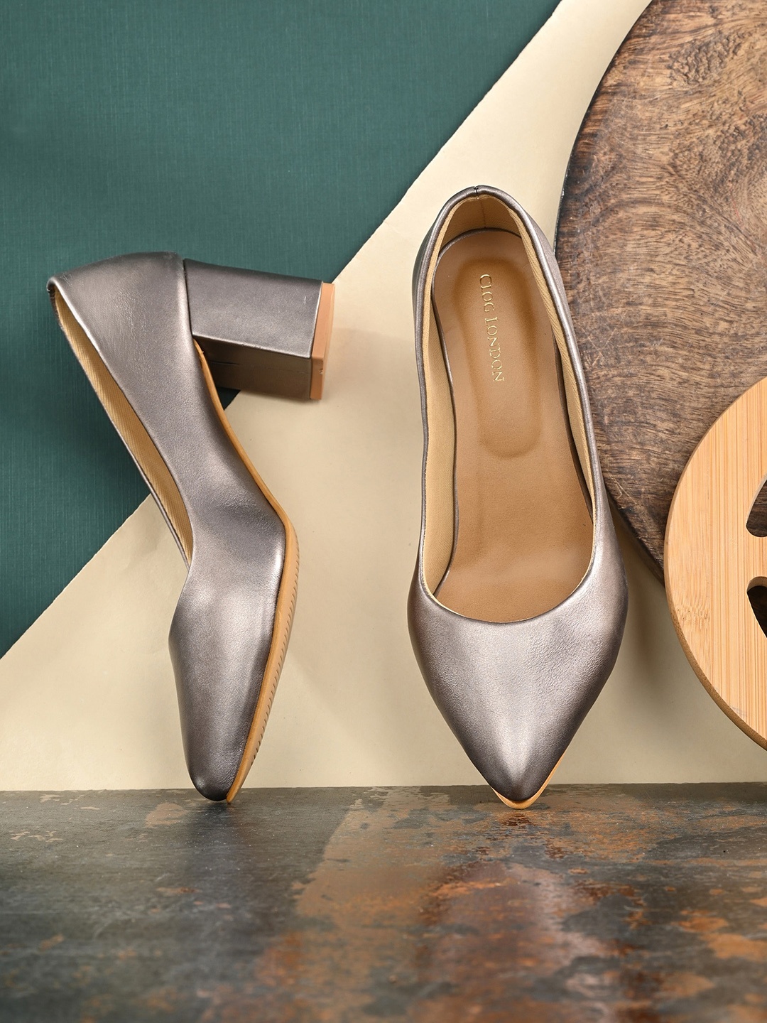 CLOG LONDON Pointed Toe Block Pumps, Grey