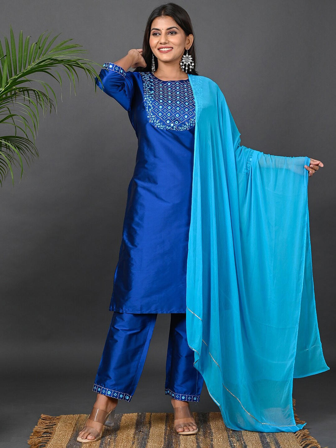 Riara Women Mirror Work Kurta & Trousers & With Dupatta, Blue