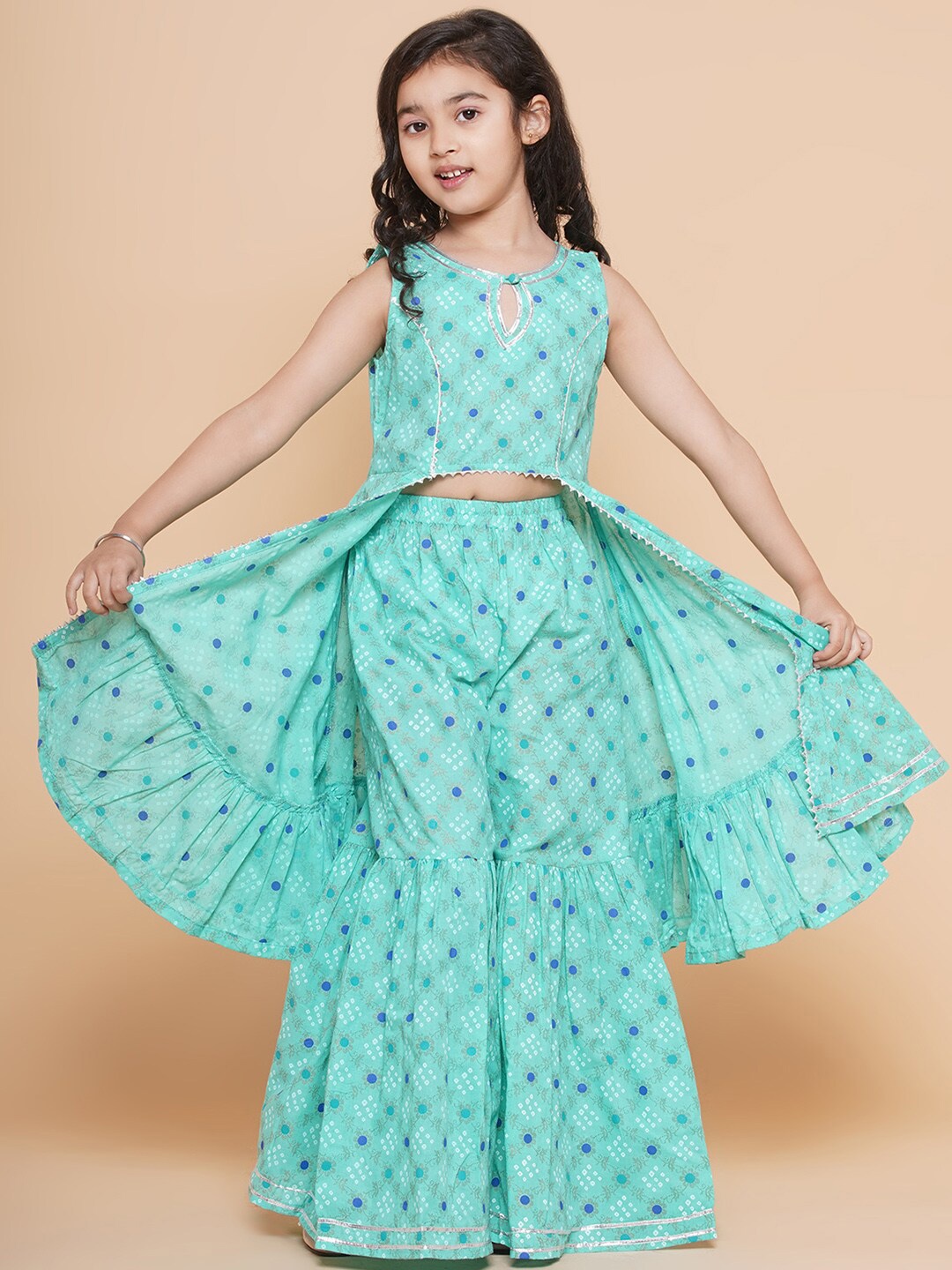 Bitiya by Bhama Girls Bandhani Printed Gotta Patti Pure Cotton Kurta with Sharara, Sea green
Bitiya by Bhama Girls Bandhani Printed Gotta Patti Pure Cotton Kurta with Sharara, Sea green