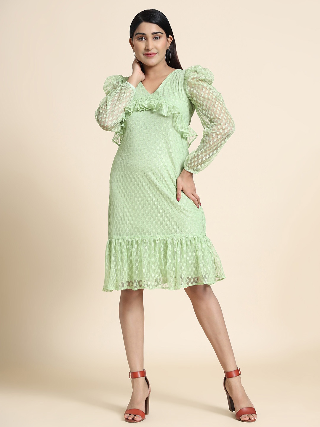 AA-HA!! Self Design V-Neck Sheath Dress, Green