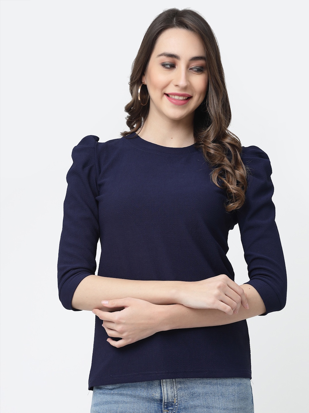 MISS AYSE Pack Of 2 Puff Sleeves Cotton Regular Tops, Navy blue