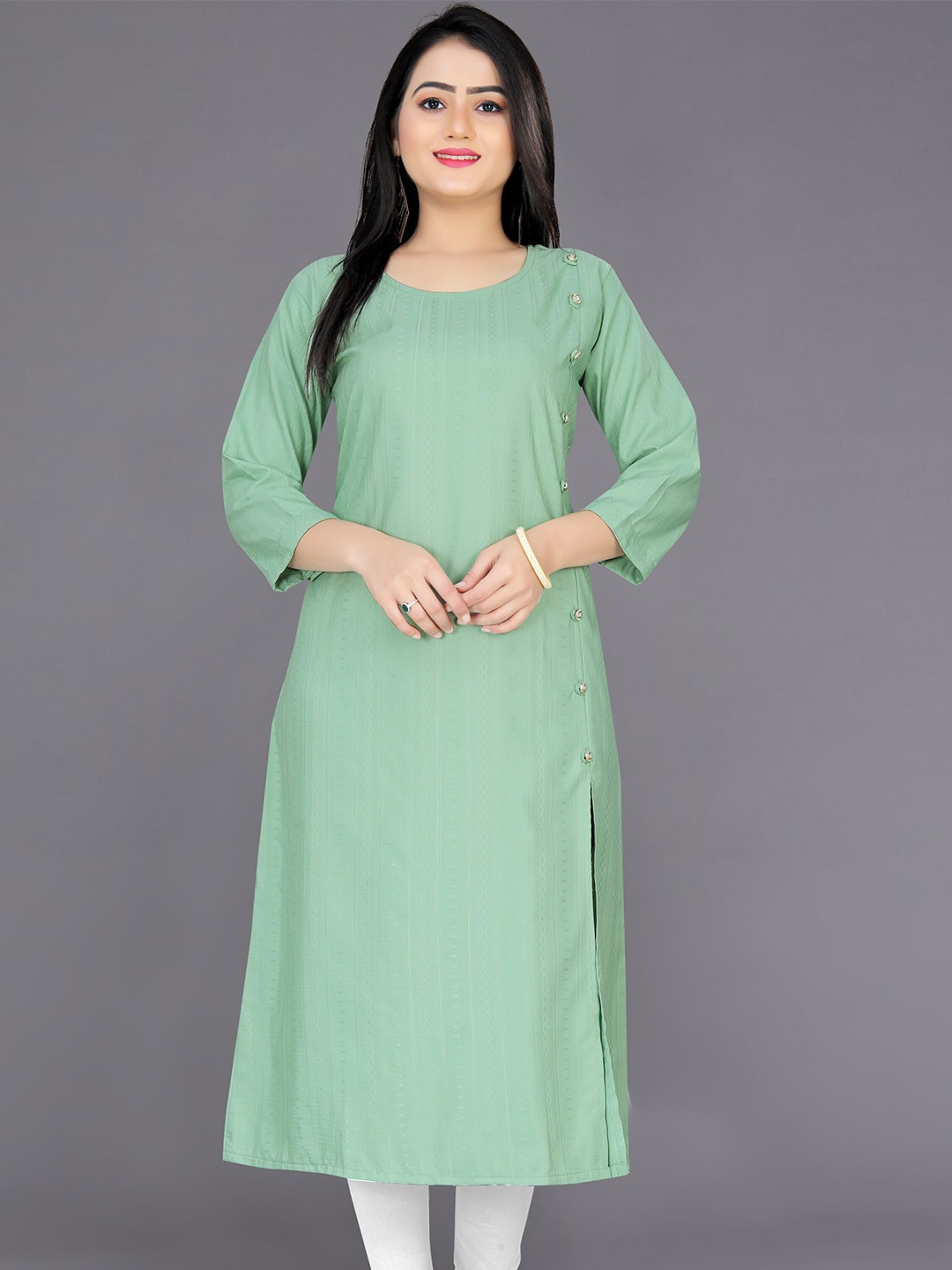 Indian Fashionista Women Striped Pure Cotton Kurta, Green